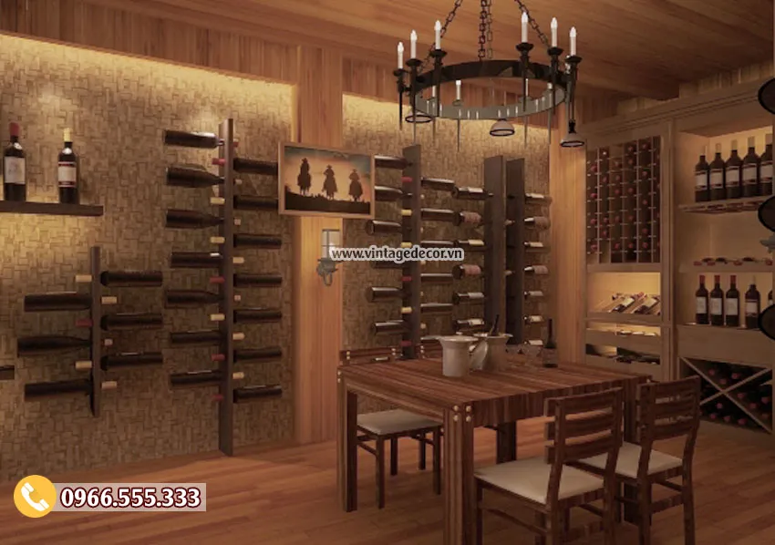 Bản vẽ hầm rượu vang BR58: tường đá, ray gỗ đỡ chai, đèn chùm vòng sắt và bàn gỗ nhỏ