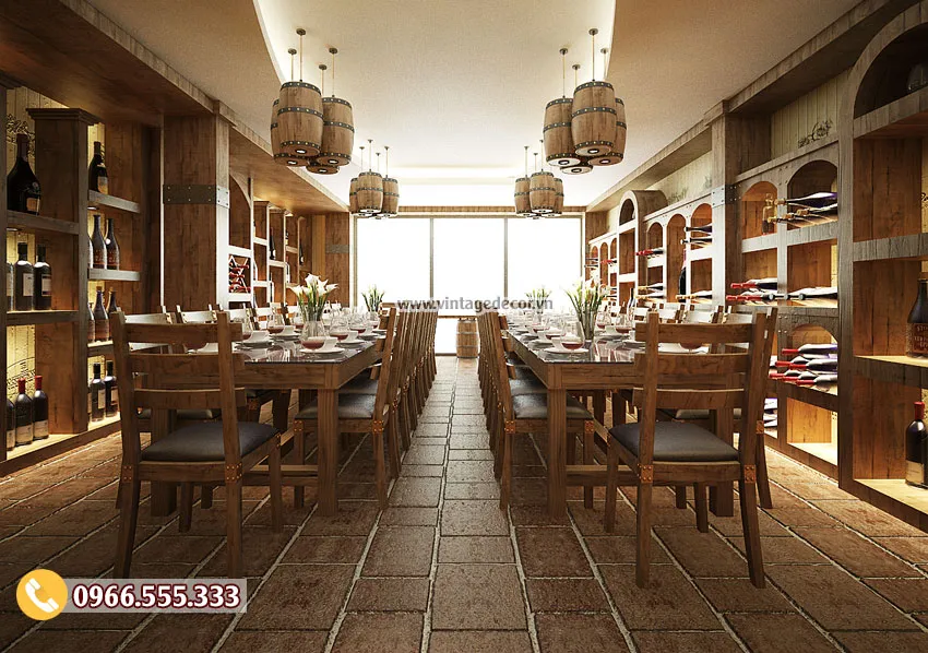 Bản vẽ sảnh hầm rượu BR51 với hai dãy bàn dài, chùm đèn ba thùng rượu và cửa sổ cuối phòng