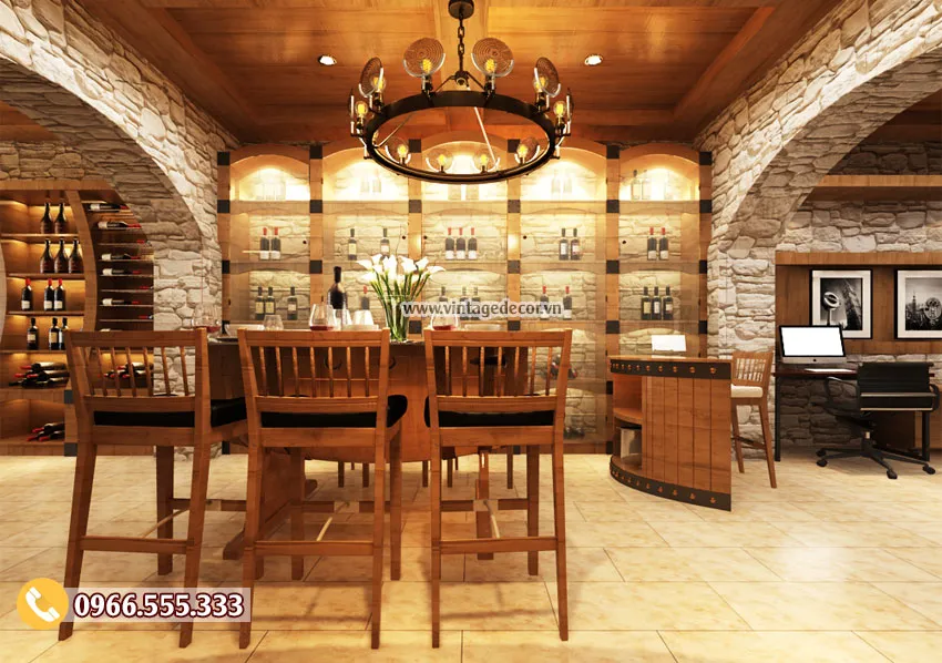Bản vẽ hầm rượu vang BR52: vòm ốp đá, đèn chùm vòng sắt, bàn cao ghế bar và góc bàn làm việc