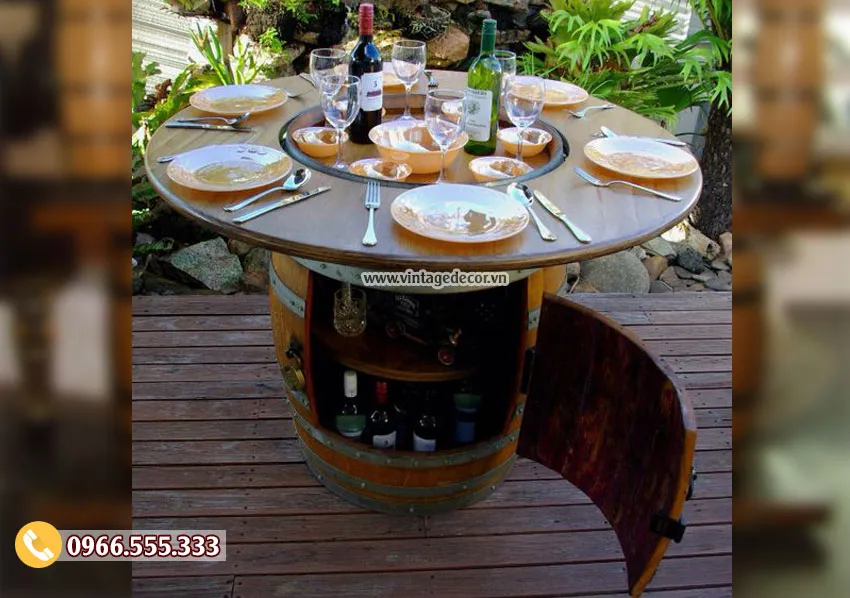 Mẫu bàn ăn từ thùng rượu gỗ sồi DL32 Mẫu bàn ăn từ thùng rượu gỗ sồi DL32