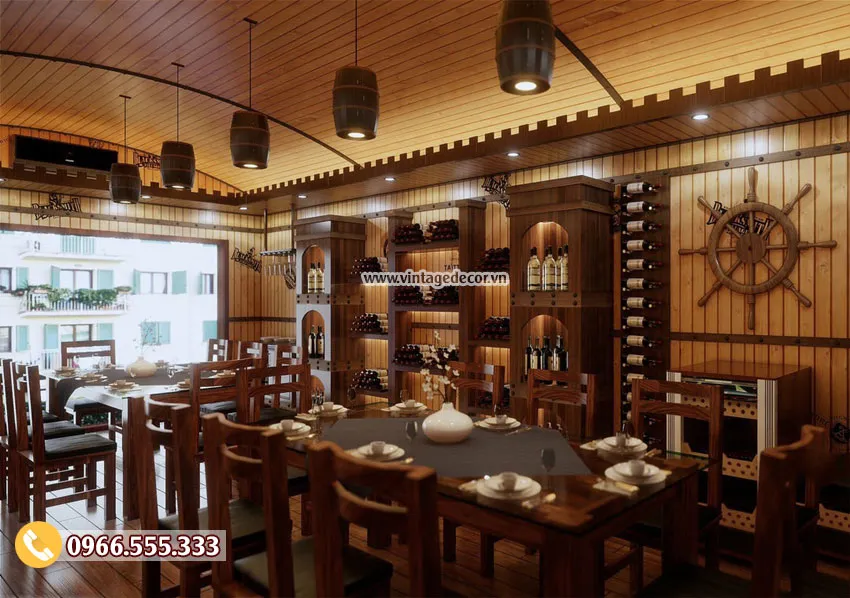 Bản vẽ nhà hàng hầm rượu BR93: bàn tròn và bàn chữ nhật, bánh lái tàu, đèn thùng và cửa sổ nhìn ra phố