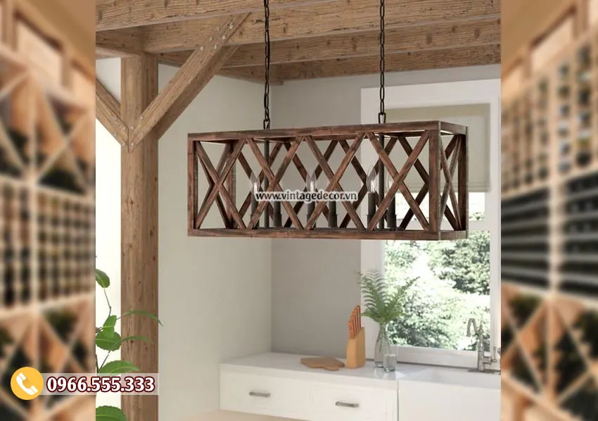 Đèn gỗ trang trí khung chữ nhật đan chéo treo xích trên mặt bếp