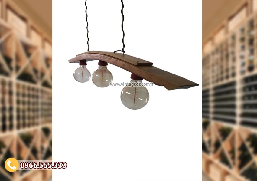 Đèn gỗ trang trí làm từ thanh ván gỗ cong, ba bóng Edison tròn