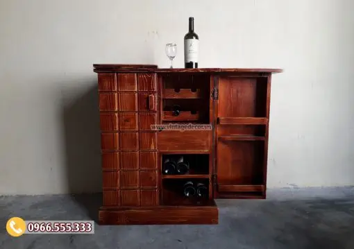 Tủ rượu vang trang trí phòng khách TRM01 Tủ rượu TRM01 mở một cánh – chai trên nắp, ô chai bên trong