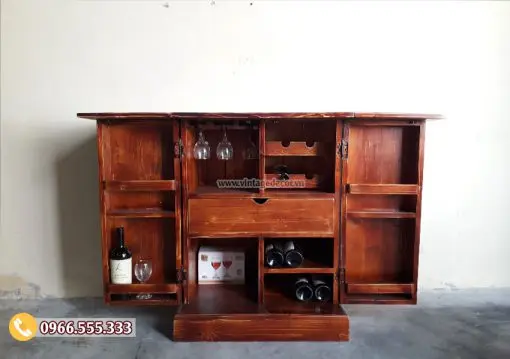 Tủ rượu vang trang trí phòng khách TRM01 Tủ rượu TRM01 mở nắp và cánh nhìn thẳng – ngăn kéo giữa thân