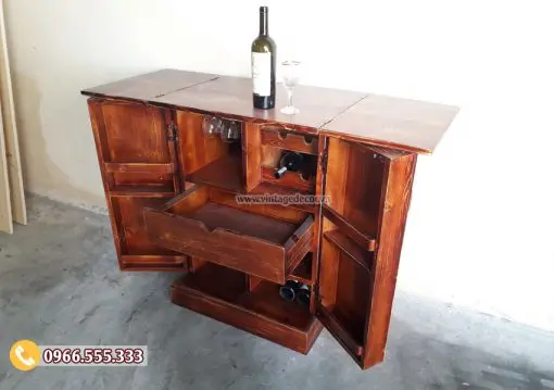 Tủ rượu vang trang trí phòng khách TRM01 Tủ rượu TRM01 mở nghiêng – ngăn kéo kéo ra, chai trên nắp lật
