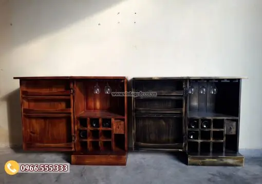 Tủ rượu Mini trang trí phòng khách TRM02 Hai tủ rượu TRM02 mở nắp và cánh – ô chai, ngăn kéo nhỏ, kệ ly