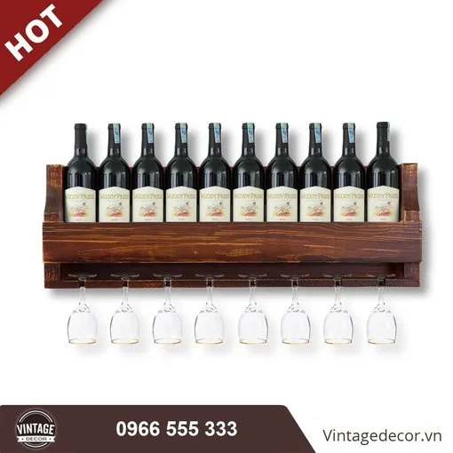 Kệ rượu treo tường Ptagas KR23 nâu đỏ – khay dài mười chai đứng, tám ly treo dưới
