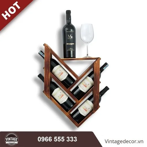 Kệ rượu KR09 nâu đỏ – hai chữ V lồng nhau, chai xếp hình xương cá