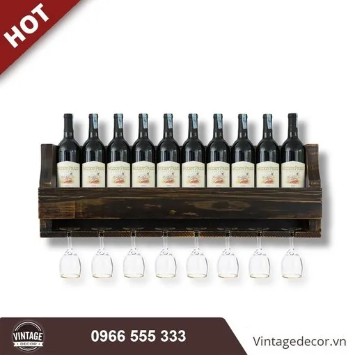 Kệ rượu KR23 tông sẫm – hàng chai dài, tấm chắn phía trước