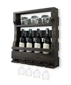 Kệ rượu KR20 tông sẫm nhìn chéo, đầy chai và ly