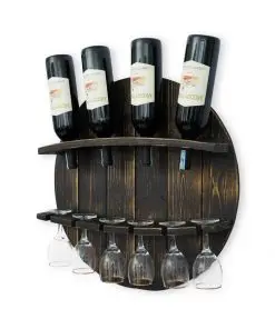 Kệ rượu KR10 tông sẫm nhìn chéo, đầy chai và ly