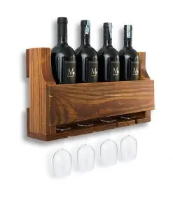 Kệ rượu KR04 nâu vàng nhìn chéo – vách hông cắt lượn