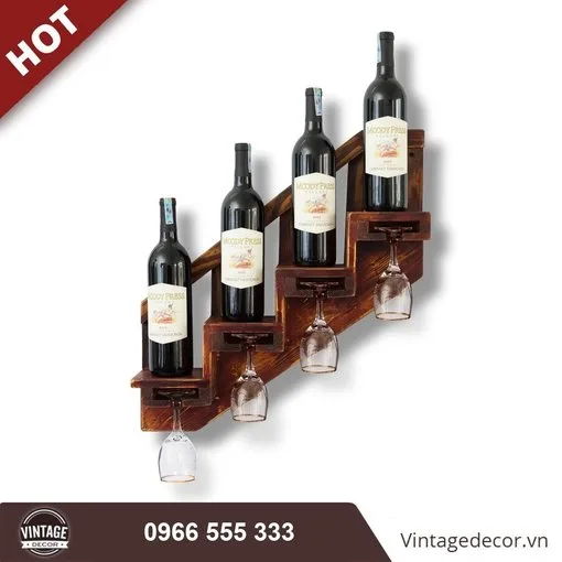 Kệ rượu treo tường Ptagas KR13 bậc thang nâu đỏ – bốn chai trên bốn bậc, ly treo dưới