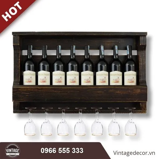 32 Kệ rượu KR26 tông sẫm – chín chai đứng sau thanh mặt trước