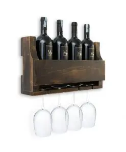 Kệ rượu KR04 tông sẫm nhìn chéo, bốn chai và bốn ly