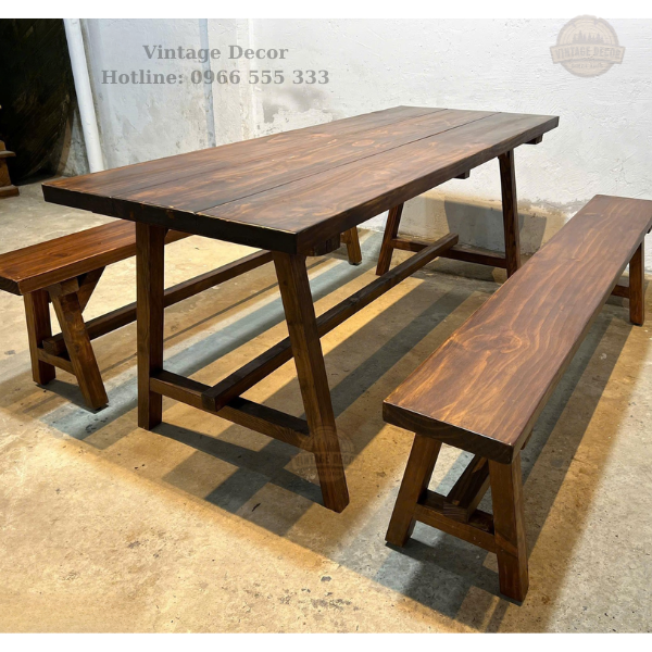 Bàn gỗ thông - ghế băng dài 2
