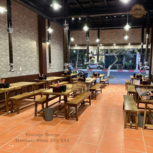 Bàn gỗ thông - ghế băng dài 7