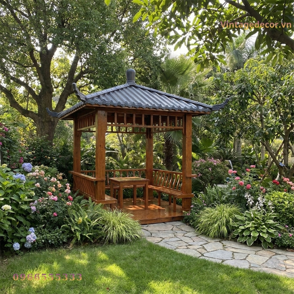 1 Mẫu nhà chòi gỗ T34 với thiết kế sang trọng, tạo điểm nhấn ấn tượng cho không gian ngoại thất.