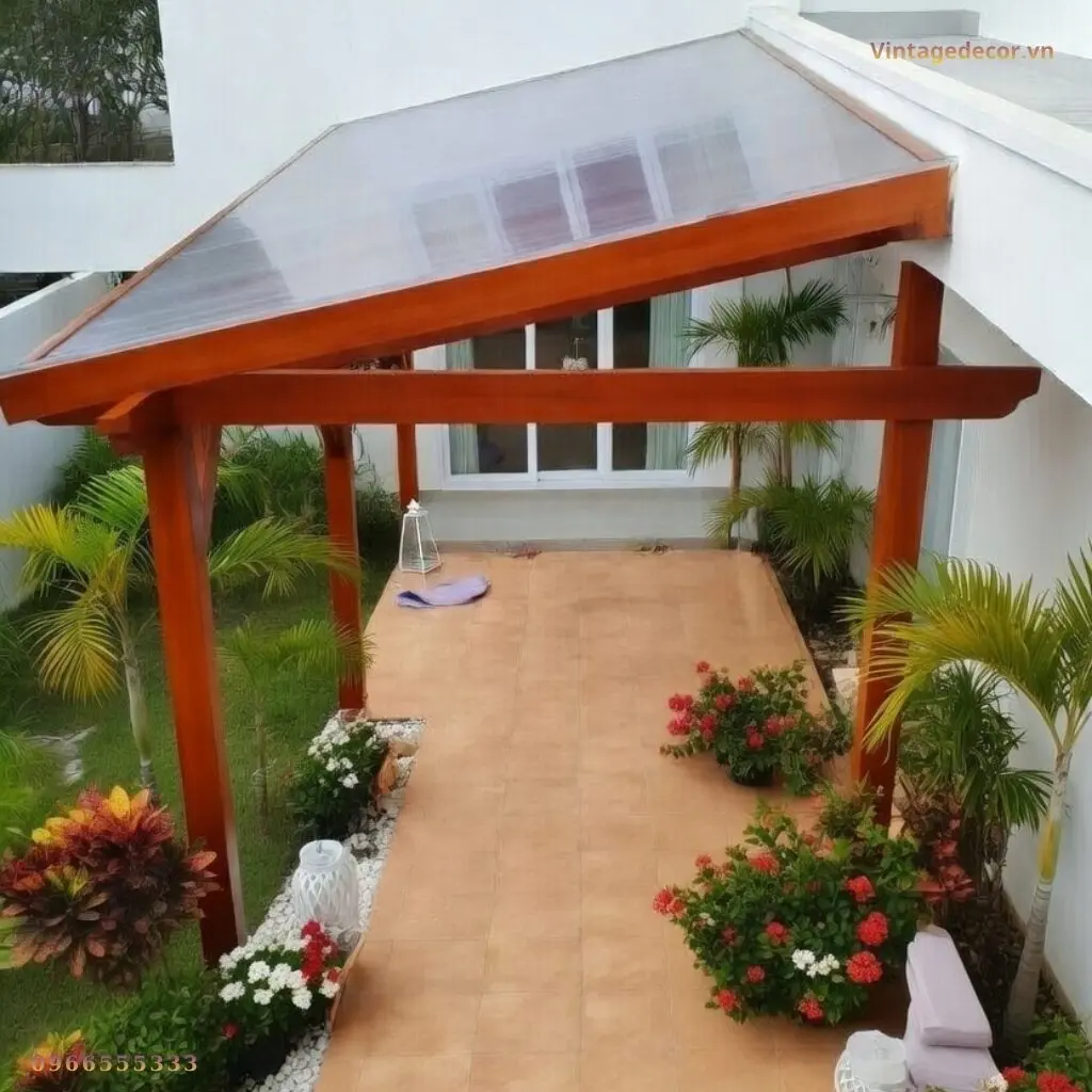 Giàn P3 nhìn từ trên: mái tấm lấy sáng trong mờ trên xà gỗ nâu đỏ, sân lát gạch và bồn hoa hai bên