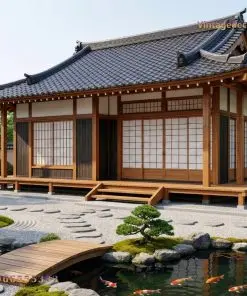 Nhà Gỗ Nhật Bản J10 - Mái Cong Truyền Thống Bên Hồ Cá Koi, Gỗ Thông