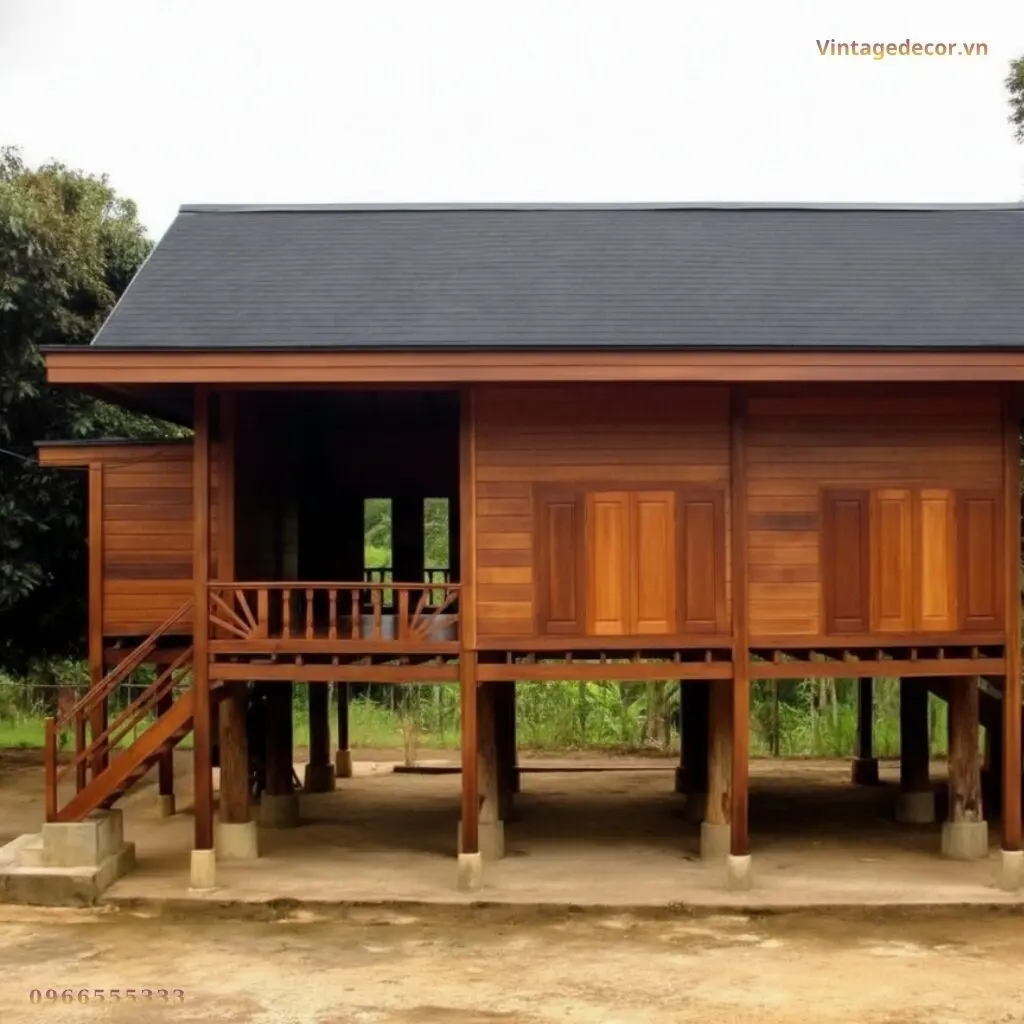 Nhà gỗ homestay S6 kiểu nhà sàn, vách nâu đỏ chia mảng, ô cửa nan, mái xám rộng, cầu thang gỗ lên sàn