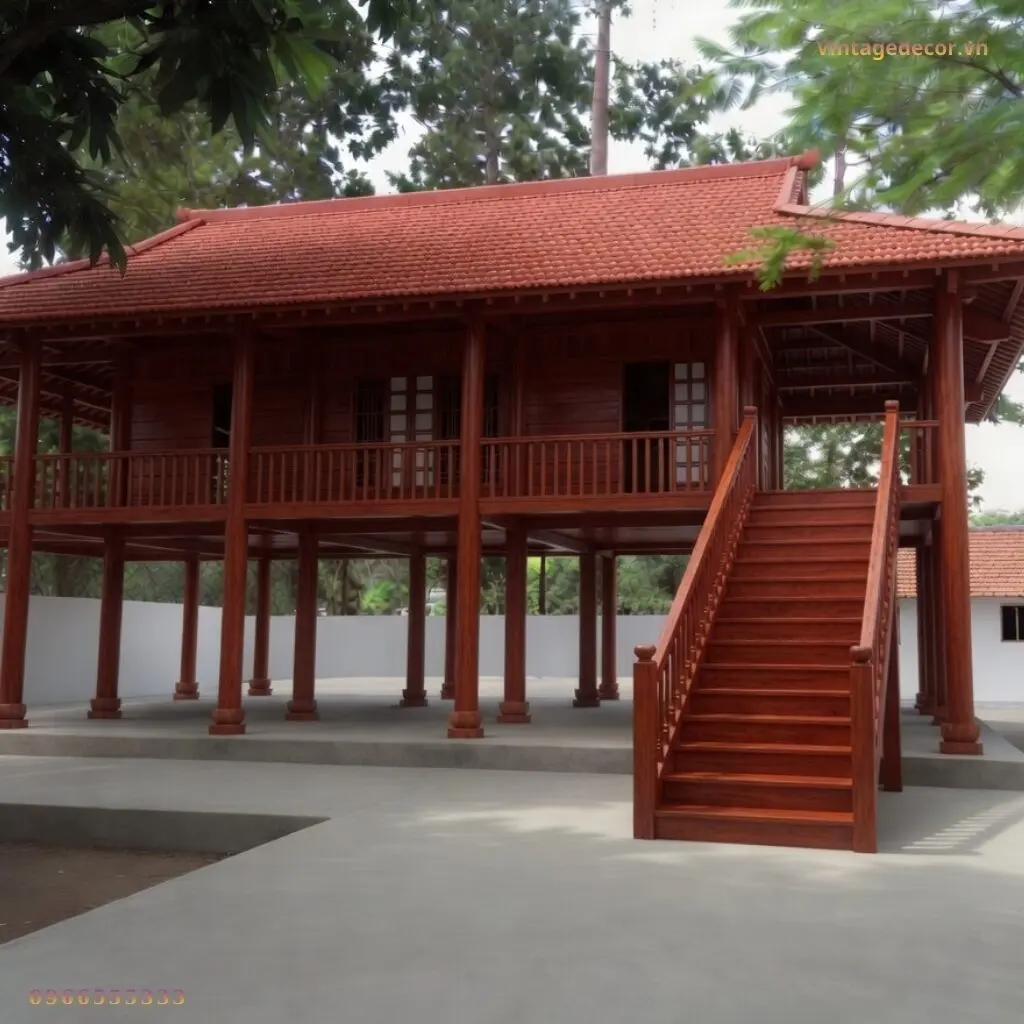 Nhà gỗ S10 kiểu nhà sàn: hàng cột gỗ đỏ nâu, mái ngói đỏ, cầu thang rộng có tay vịn hai bên lên hiên tầng trên