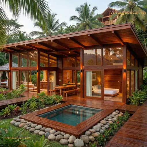 1 Nhà gỗ homestay S2 villa nhiệt đới – vách kính khung gỗ, bể bơi nhỏ viền sỏi trước hiên