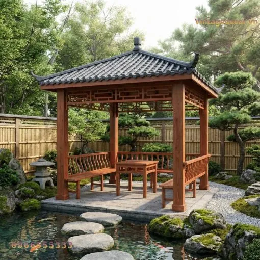 Chòi gỗ T1 vuông mái ngói xám đầu đao, song hoa dưới mái, cạnh hồ cá