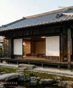 Nhà gỗ Nhật J2 – shoji mở thấy gian trong, hiên thấp sát mặt hồ