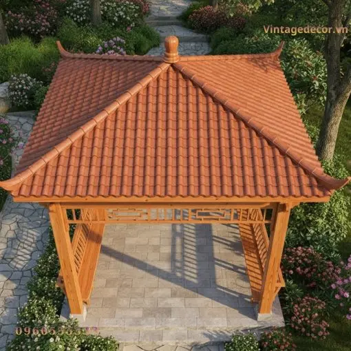 Chòi Gỗ Sân Vườn T3 - Gỗ Thông Tự Nhiên, Mái Ngói Truyền Thống Chòi gỗ T3 – nhìn từ trên, mái bốn dốc ngói đỏ có núm, bệ lát đá