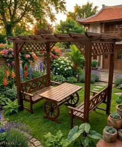 Bộ P1 giữa vườn hoa, bàn chân bánh xe và hai ghế băng