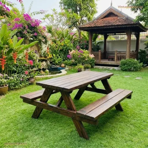 Bàn Ghế Gỗ Chữ A BG1 - Kiểu Picnic Truyền Thống, Gỗ Thông Bộ BG1 trên bãi cỏ, chòi gỗ và hoa giấy phía sau