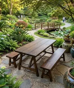 Bộ BG2 trên lối đá giữa vườn cây, cầu gỗ nhỏ phía xa