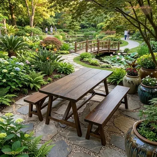 Bộ BG2 trên lối đá giữa vườn cây, cầu gỗ nhỏ phía xa