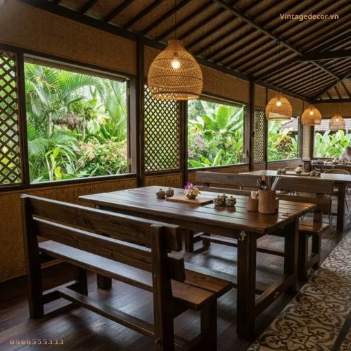 Bộ BG5 dưới hiên có vách mắt cáo, đèn mây treo trên bàn