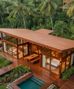 Nhà gỗ homestay S2 nhìn từ trên – mái gỗ đua rộng, bàn ăn dài và giường thấy qua kính
