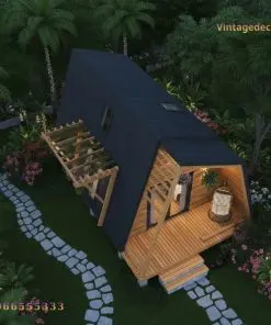 Nhà Gỗ Homestay S3 - Mái Gãy Dáng Chữ A, Hiên Pergola Nhỏ, Gỗ Thông