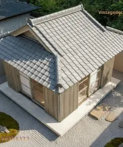 Nhà gỗ Nhật J6 nhìn từ trên – mái ngói xám đầu hồi nhỏ, đá bước và rêu