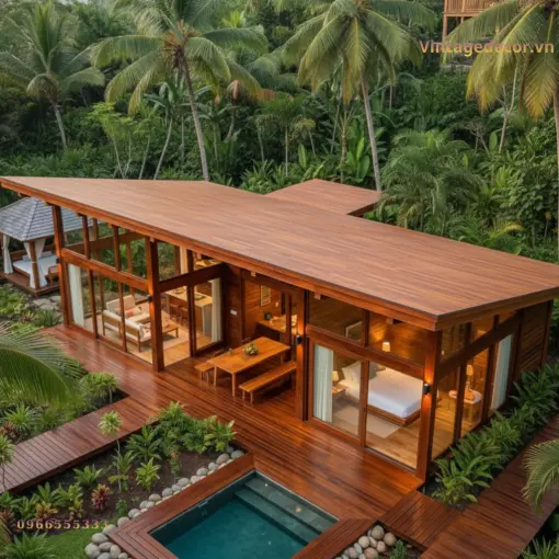 2 Nhà gỗ homestay S2 nhìn từ trên – mái gỗ đua rộng, bàn ăn dài và giường thấy qua kính