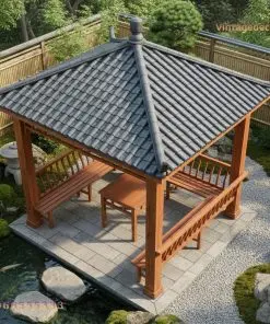 Chòi gỗ T1 – nhìn từ trên, mái bốn mặt, bàn và ghế trên nền đá lát