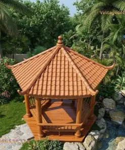 Chòi gỗ T2 – nhìn từ trên, mái sáu mặt và sàn gỗ sáu cạnh