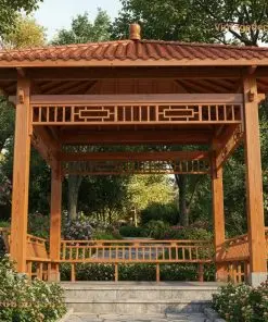 Chòi gỗ T3 – nhìn thẳng, băng song ô dưới mái và ghế tựa lan can