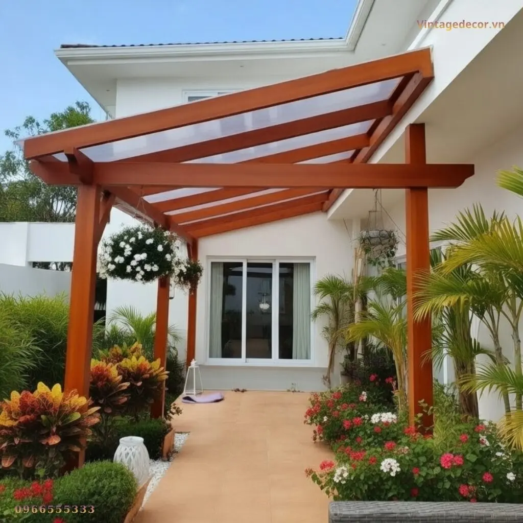 Giàn pergola P3 gỗ nâu đỏ áp tường nhà trắng, xà nghiêng gối vào tường, mái tấm lấy sáng, giỏ hoa treo dưới xà