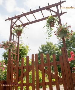 Cổng Gỗ Sân Vườn C1 - Cổng Giàn Hoa Mái Phẳng, Cánh Rào Thấp, Bồn Hoa Hai Bên, Gỗ Thông