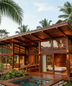 Nhà gỗ homestay S2 – góc chéo, hiên gỗ, bể bơi và hàng dừa phía sau