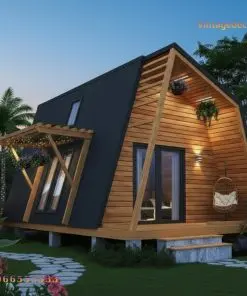 Nhà Gỗ Homestay S3 - Mái Gãy Dáng Chữ A, Hiên Pergola Nhỏ, Gỗ Thông