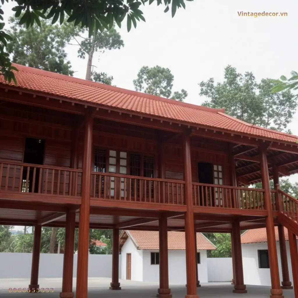 Nhà gỗ S10 nhìn từ dưới: hiên lan can thanh đứng chạy quanh tầng trên, gầm để trống với hàng cột tròn sơn đỏ