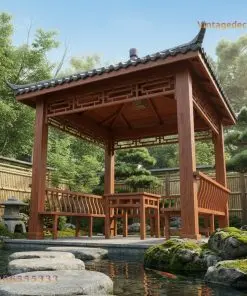 Chòi gỗ T1 – nhìn thẳng, ghế tựa hai bên bàn vuông, đá bước trên hồ
