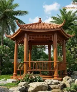 Chòi gỗ T2 – nhìn thẳng, trụ tròn chân đế, lan can song ngắn